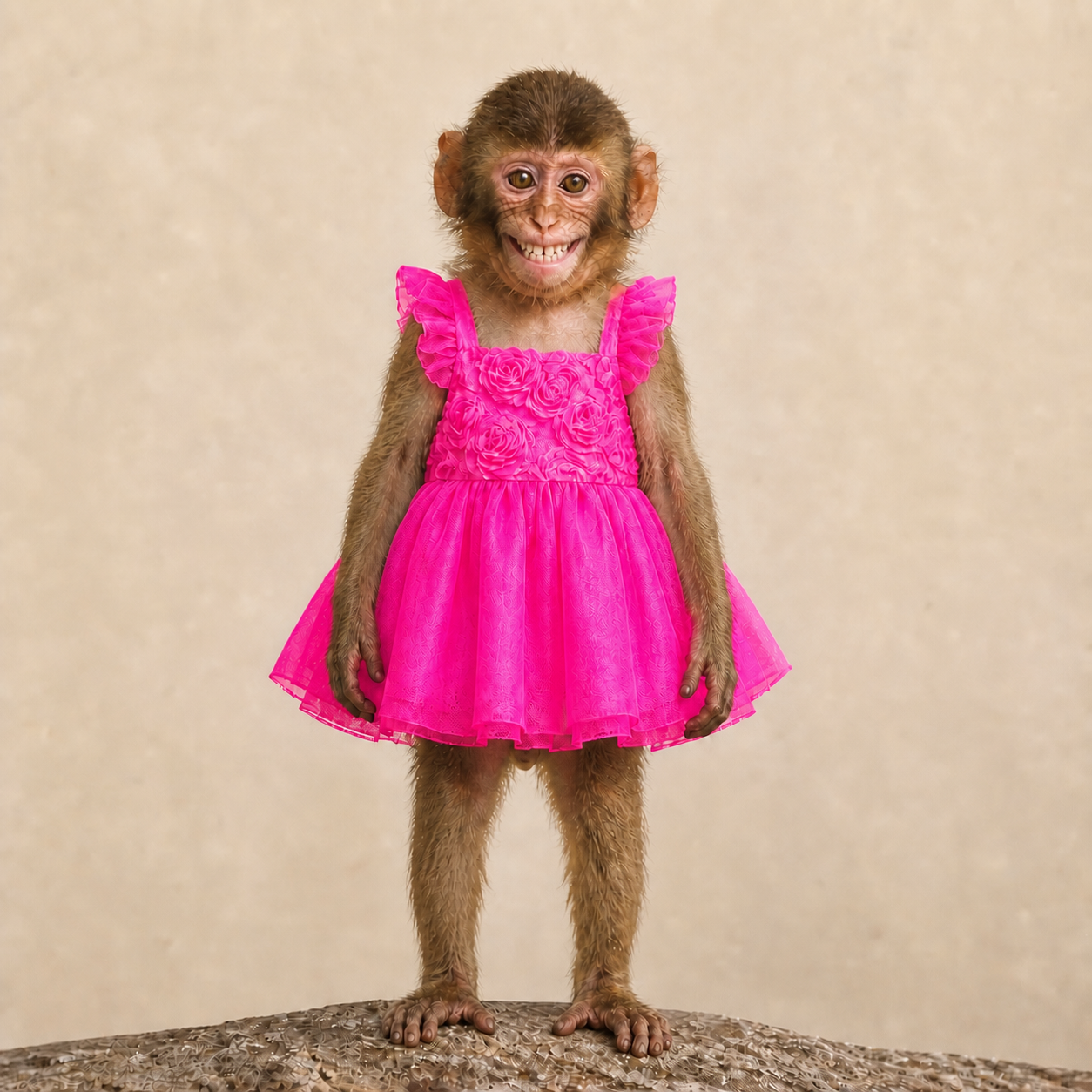 A smiling ape wearing a bright pink ruffled dress, standing for breast cancer awareness